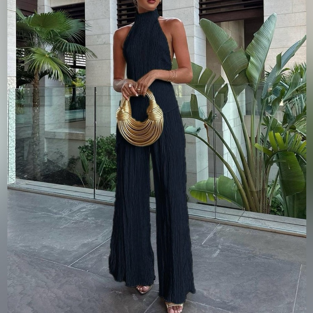 🆕 Commense Asymmetrical Halter Crop Top with Wide Leg Pants Set, Size XS